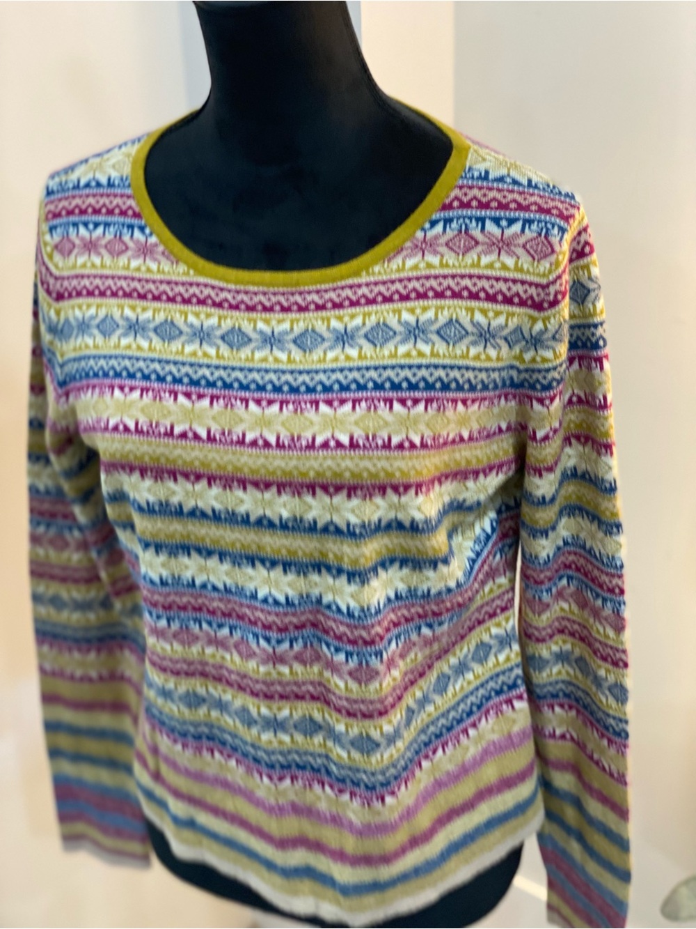 Sundance Multicolor Fair Isle Crewneck Sweater with Yellow Trim